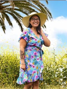 Tropical Disney stitch Floral Wrap Dress in Sky Blue size small nwot